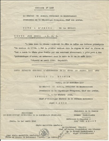 Citation à l'ordre de la Brigade de Jean Sueur